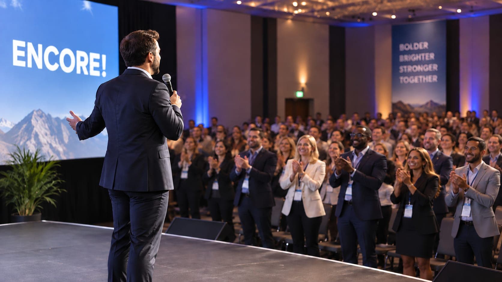 A speaker on stage, microphone in hand, as a ballroom audience stands and applauds